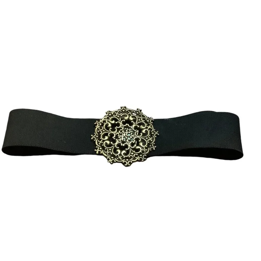 Vtg Elastic Waist Belt With Ornate Gold-Tone Scroll Floral Buckle